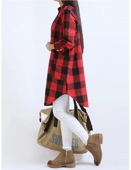 Women Long Sleeve Boyfriend Scottish Plaid Pockets Button Blouses