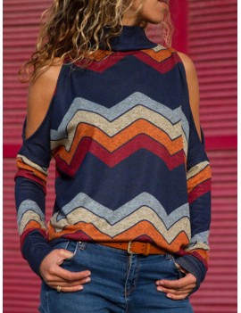 Cold Shoulder Stripe Turtleneck Long Sleeve Blouse For Women