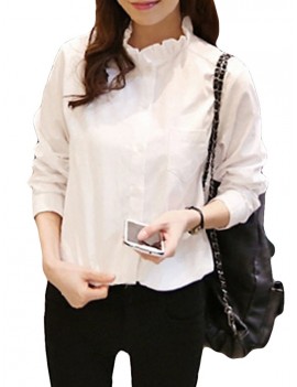 Ruffles Neck Solid Color Long Sleeve Shirt