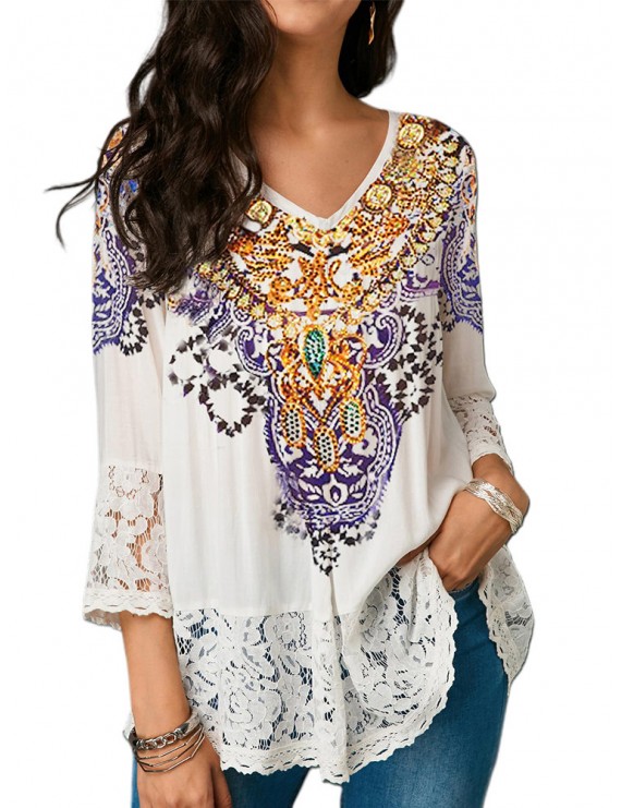 Chic Print Lace V-neck 3/4 Sleeve Blouse