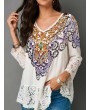 Chic Print Lace V-neck 3/4 Sleeve Blouse