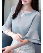 Chiffon Solid Color Bell Sleeve O-neck T-shirt