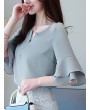 Chiffon Solid Color Bell Sleeve O-neck T-shirt