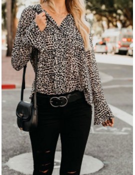 Leopard Trumpet Long Sleeve V-neck Loose Women Blouse