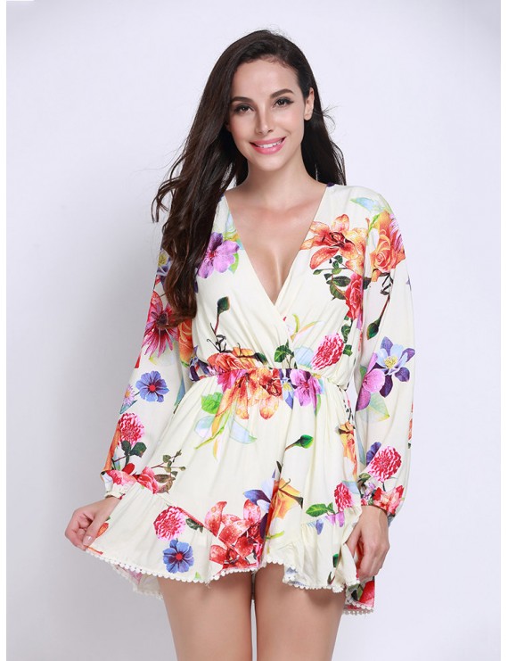 Women V-neck Long Sleeve Floral Printed Jumpsuit