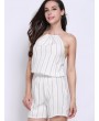 Women Casual Stripe Halterneck Backless Lace-up Sleeveless Short Jumpsuits