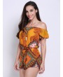 Women Casual Vintage Folk Off Shoulder Geo Print Short Sleeve Jumpsuit