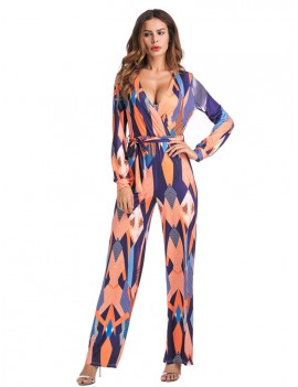 Women Long Sleeve Stripe Printed Belted V-neck Jumpsuits