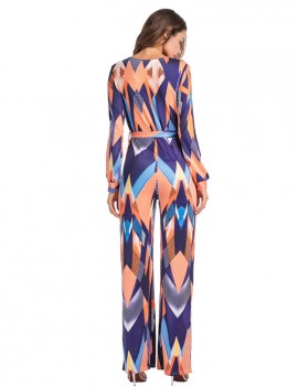 Women Long Sleeve Stripe Printed Belted V-neck Jumpsuits