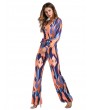 Women Long Sleeve Stripe Printed Belted V-neck Jumpsuits