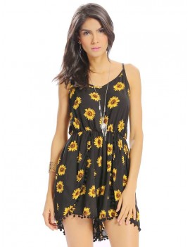 Women Casual Loose Sunflower Print Spaghetti Strap Backless O-neck Jumpsuit