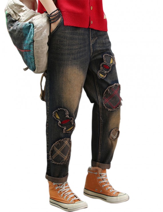 Plaid Embroidered Patchwork Drawstring Jeans For Women