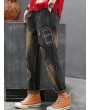 Plaid Embroidered Patchwork Drawstring Jeans For Women