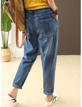 Stripe Embroidered Elastic Waist Ripped Jeans For Women