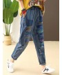 Stripe Embroidered Elastic Waist Ripped Jeans For Women