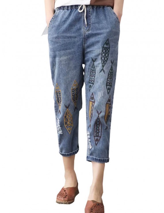 Vintage Embroidery Printed High Waist Mid-Calf Casual Jeans