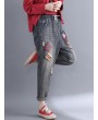 Casual Patchwork Embroidery Elastic Waist Denim