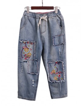 Vintage Embroidered Patch Elastic Waist Denim