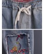 Vintage Embroidered Patch Elastic Waist Denim