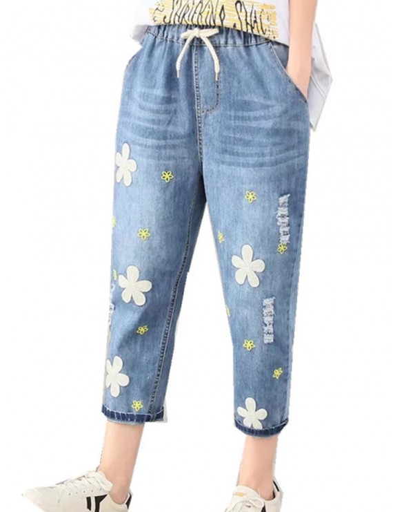 Casual Flower Embroidery Elastic Waist Blue Denim