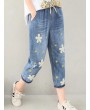 Casual Flower Embroidery Elastic Waist Blue Denim