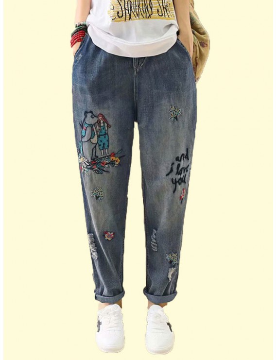 Casual Washed Old Embroidery Beautiful Letters Hole Loose Jeans