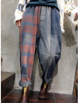 Vintage Patch Plaid Loose Denim