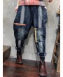 Casual Patch Pockets Elastic Waist Loose Harem Denim