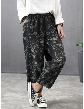 Printed Patchwork Pocket Loose Ankle Length Jeans