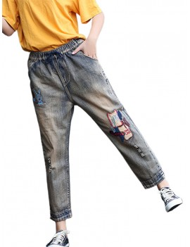 Patch Letters Elastic Waist Casual Denim