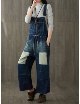 Vintage Double Pockets Patchwork Hole Old Jeans For Women