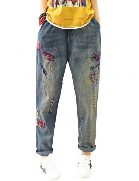 Cartoon Embroidery Loose Harlan Jeans For Women