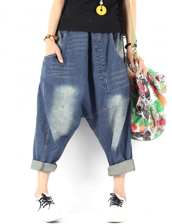 Women Patchwork Solid Color Loose Casual Harem Jeans