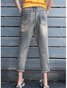 Letters Embroidery Elastic Waist Casual Denim