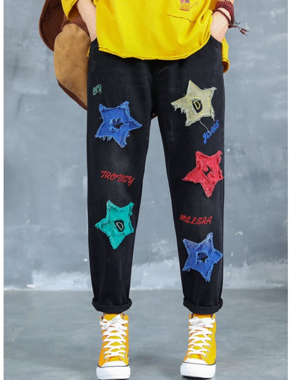 Letter Embroidered Stars Patch Jeans For Women