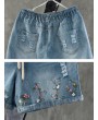 Embroidery Drawstring Ripped Short Jeans