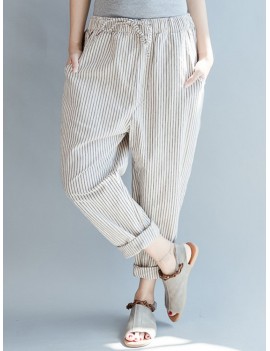 Loose Drawstring Waist Stripe Print Casual Harem Pants