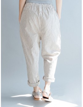 Loose Drawstring Waist Stripe Print Casual Harem Pants