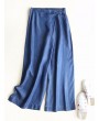 Frog Button Denim Pure Color Elastic Waist Casual Pants