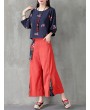 Folk Style Floral Print Patchwork Splited High Waist Women Pants