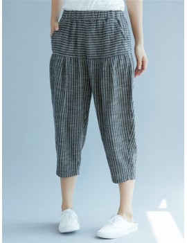 Elastic Waist Stripe Casual Harem Pants With Pockets