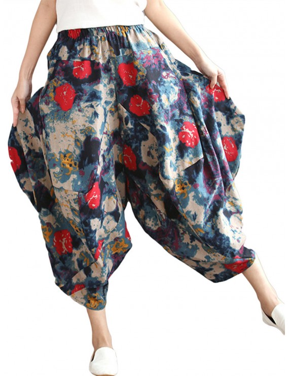 Leisure Loose Folk Print Pocket Harem Women Pants