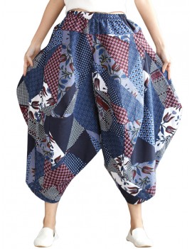 Leisure Loose Folk Print Pocket Harem Women Pants