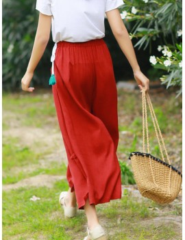 Side Splited Solid Color Tassels Elastic Waist Vintage Pants