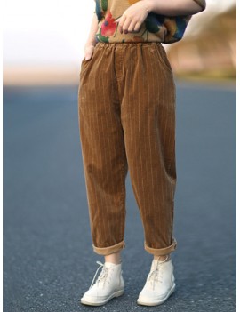 Harem Vertical Striped Solid Color Corduroy Pants