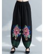 Vintage Embroidery Elastic Waist Women Wide Leg Pants