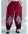 Vintage Embroidery Elastic Waist Women Wide Leg Pants