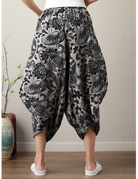 Ethnic Print Loose Irregular Elastic Waist Vintage Pants