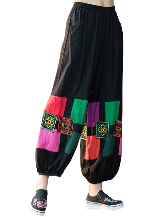 Folk Style Geometric Print Embroidered Patchwork Elastic Women Pants