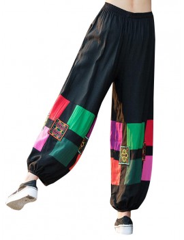 Folk Style Geometric Print Embroidered Patchwork Elastic Women Pants